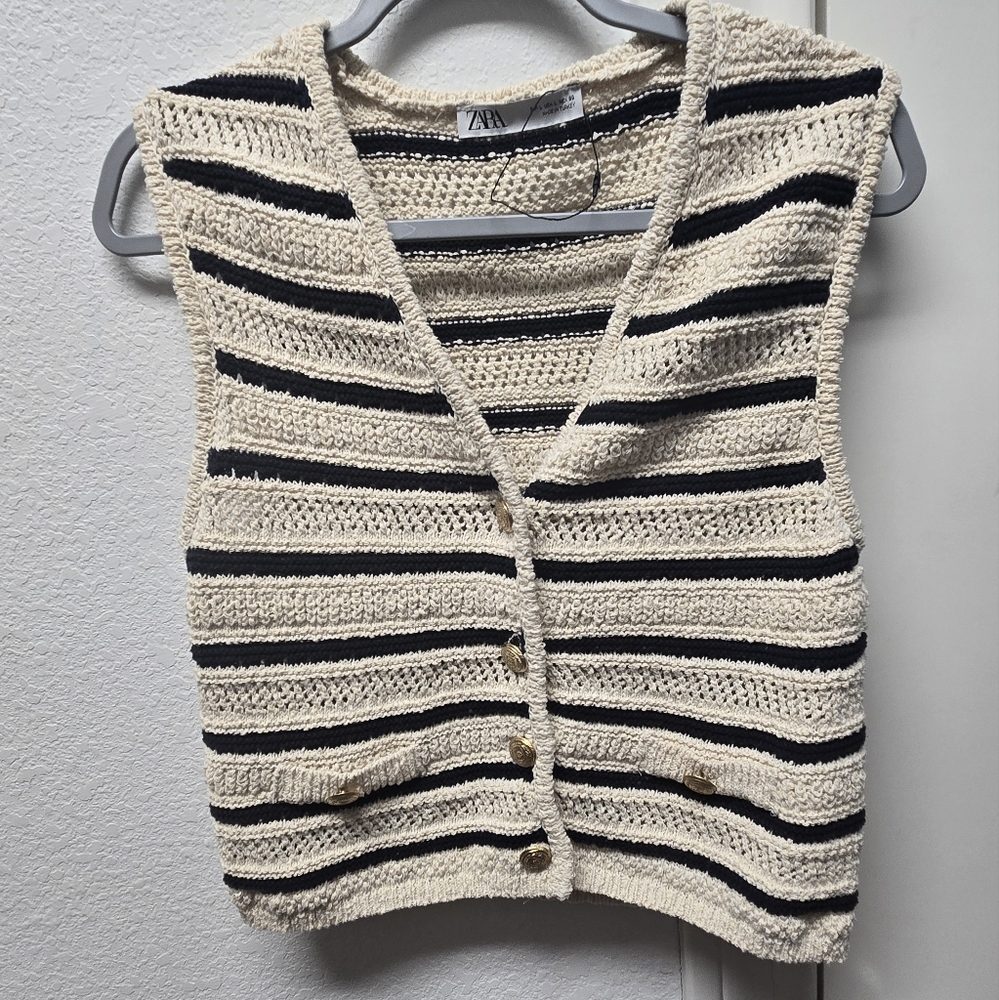 Zara Black and Cream Striped Sweater Vest